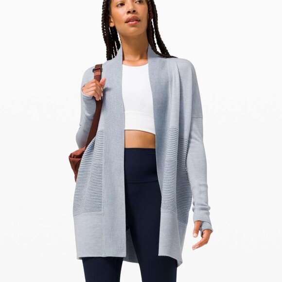 LULULEMON Sit In Lotus Wrap Blue Heathered Merino Wool Cardi Cardigan Sweater - Picture 1 of 11